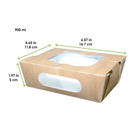 Boîte salade carton kraft brun à double fenêtre 167x118mm H50mm 900ml