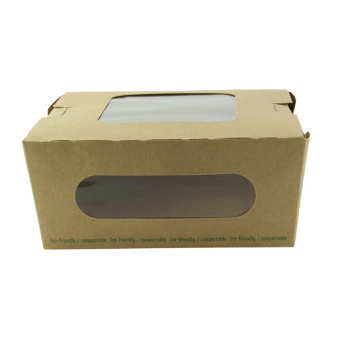 Boite salade carton kraft brun à double fenêtre PLA  152x135mm H65mm 1100ml