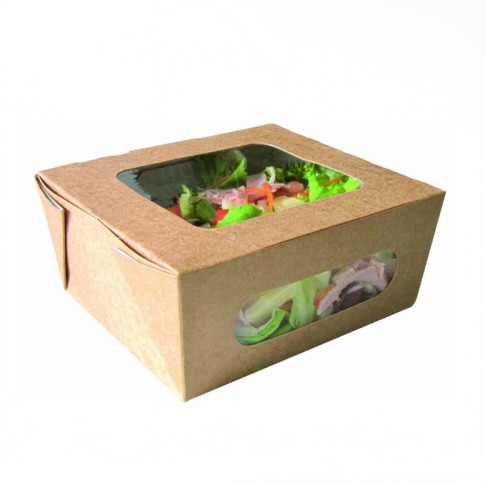 Boite salade carton kraft brun à double fenêtre PLA  152x135mm H65mm 1100ml