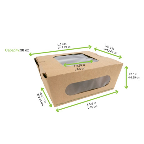 Boite salade carton kraft brun à double fenêtre PLA  152x135mm H65mm 1100ml
