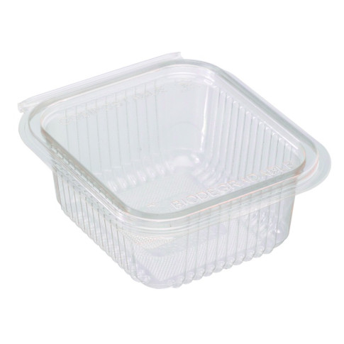 Barquette rectangulaire PLA transparente avec couvercle attaché 153x125mm H56mm 500ml