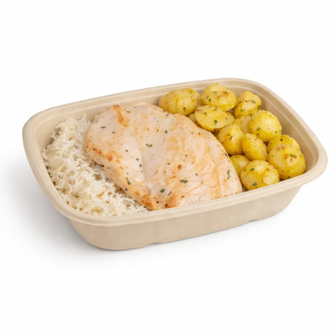 Plateau scellable pulpe rectangulaire brun laminé PLA  214x157mm H46mm 1000ml