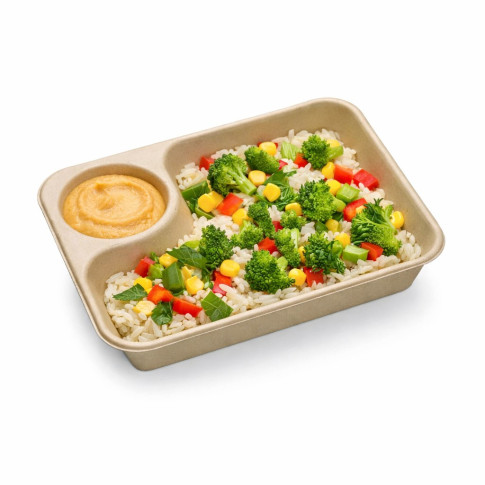 Plateau pulpe rectangulaire brun avec compartiment à sauce  218x165mm H45mm 850ml