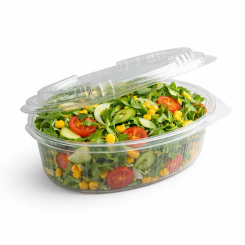 Barquette plastique PET transparente ovale avec couvercle attaché 255x160mm H110mm 2000ml