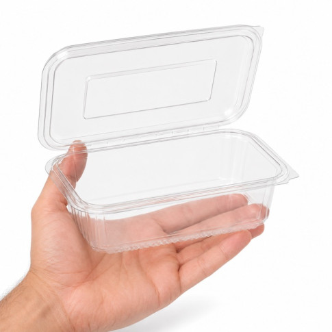 Barquette en PET transparent , avec un couvercle charnière 103x87mm H34mm 125ml