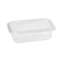 Barquette plastique PET rectangulaire transparente avec couvercle attaché  195x130mm H65mm 1000ml