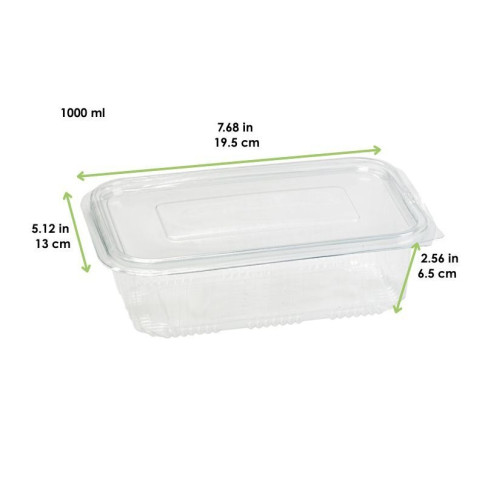 Barquette plastique PET rectangulaire transparente avec couvercle attaché  195x130mm H65mm 1000ml