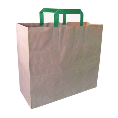 Sac cabas papier kraft brun recyclé avec anses vertes  320x170mm H340mm