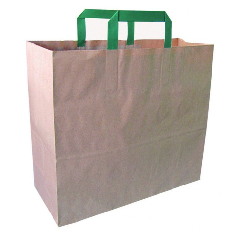 Sac cabas papier kraft brun recyclé avec anses vertes  320x170mm H340mm