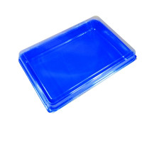 Coffret repas plastique bleu avec couvercle charnière transparent 272x188mm H53mm