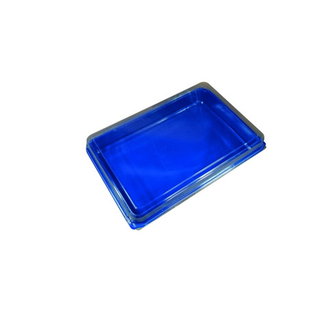 Coffret repas plastique bleu avec couvercle charnière transparent 272x188mm H53mm