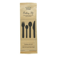 Kit couverts bois 5 / 1: couteau fourchette petite&grande cuillère serviette, emballage kraft   H165mm