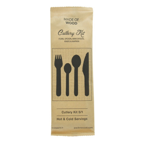 Kit couverts bois 5 / 1: couteau fourchette petite&grande cuillère serviette, emballage kraft   H165mm