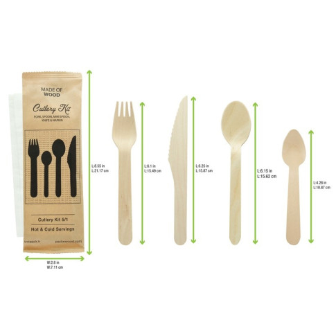 Kit couverts bois 5 / 1: couteau fourchette petite&grande cuillère serviette, emballage kraft   H165mm
