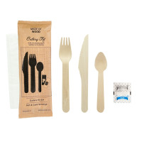Kit couv bois 6 / 1: cout, four, cuil café, serv, sel, poivre, emb kraft   H165mm