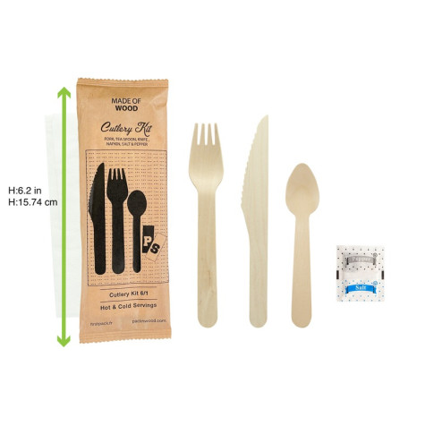 Kit couv bois 6 / 1: cout, four, cuil café, serv, sel, poivre, emb kraft   H165mm