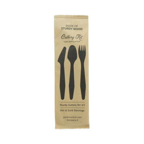 Hercule Kit couverts bois 3 / 1: couteau fourchette cuillère emballage kraft   H185mm