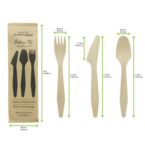 Hercule Kit couverts bois 3 / 1: couteau fourchette cuillère emballage kraft   H185mm