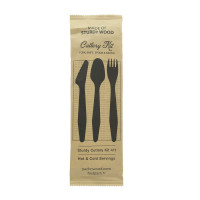 Hercule kit couvert bois 4 / 1: couteau fourchette cuillère serviette, emballage kraft   H185mm