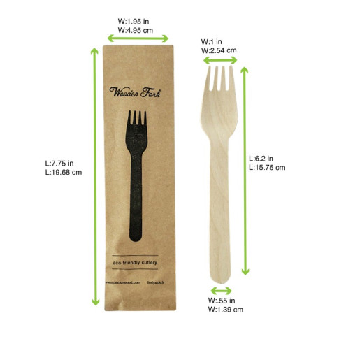 Fourchette en bois, emballage papier kraft   H158mm