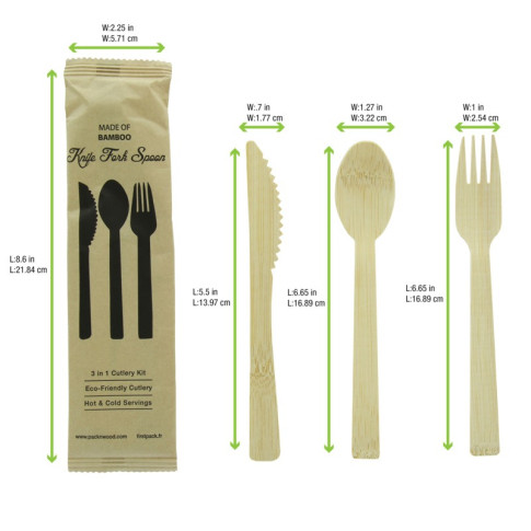 Kit couverts bambou "Anji" 4/1: couteau fourchette cuillère serviette, emballage kraft  H170mm
