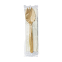 Kit couverts bois 2/1: fourchette-cuillère serviette, emballage transparent   H147mm