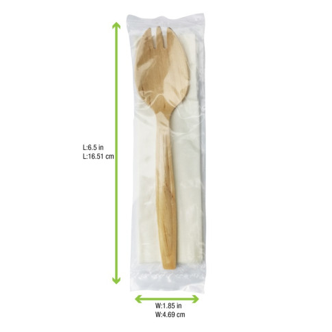 Kit couverts bois 2/1: fourchette-cuillère serviette, emballage transparent   H147mm