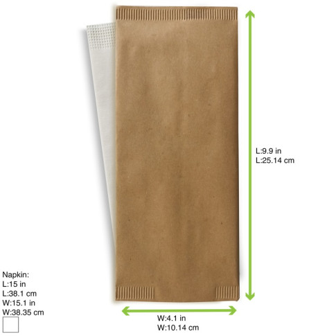 Pochette papier beige pour couverts avec serviette blanche  110x250mm