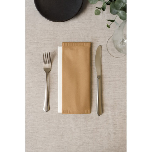 Pochette papier beige pour couverts avec serviette blanche  110x250mm