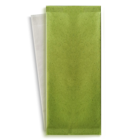 Pochette papier vert pour couverts avec serviette blanche  110x250mm