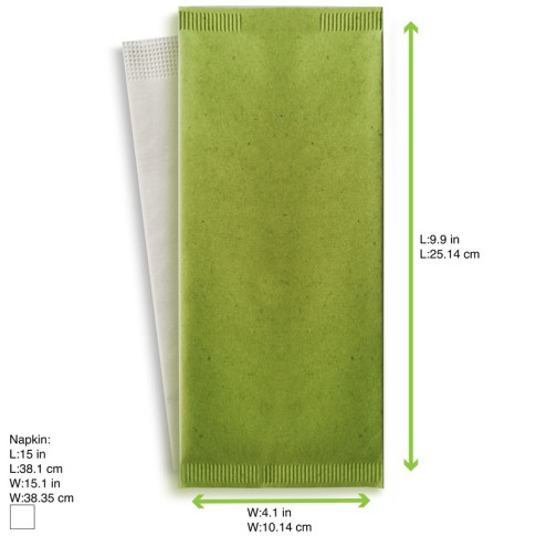 Pochette papier vert pour couverts avec serviette blanche  110x250mm