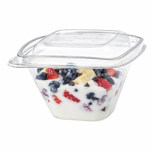 Pot Deli carré PET transparent avec couvercle  128x128mm H70mm 375ml