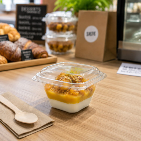 Pot Deli carré PET transparent avec couvercle  128x128mm H70mm 375ml