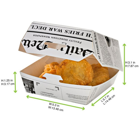 Boîte burger carton blanc décor journal 125x115mm H65mm