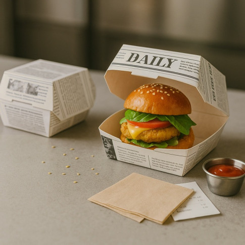 Boîte burger carton blanc décor journal 125x115mm H65mm