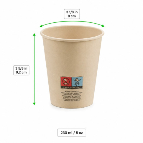 Gobelet blanc en carton fibre de bambou avec laminage plastique PE   H92mm 230ml