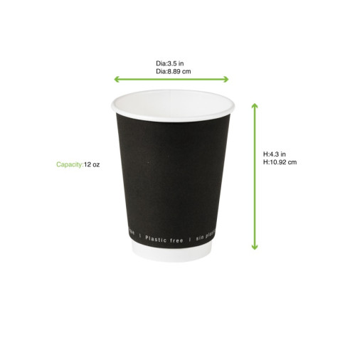 Gobelet en carton noir à double paroi sans matière plastique, Waterbased  H110mm 350ml