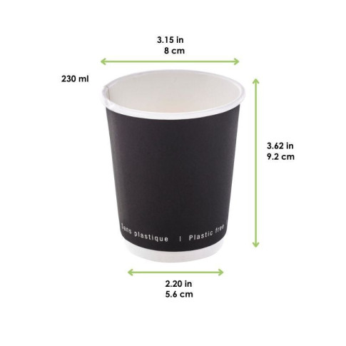 Gobelet en carton noir à double paroi sans matière plastique, Waterbased  H92mm 230ml
