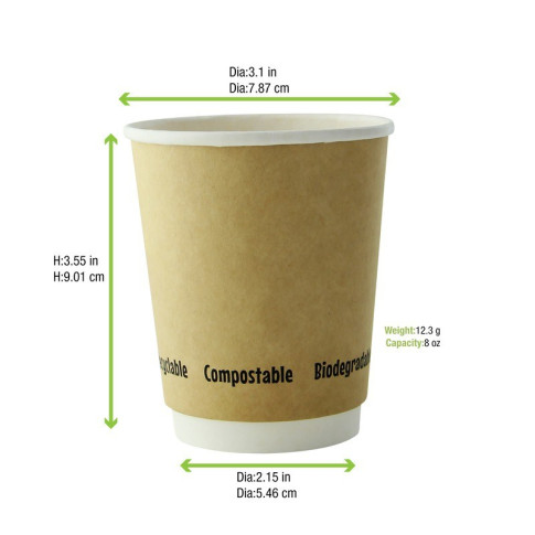 Gobelet en carton kraft brun à double paroi avec laminage PLA   H91mm 230ml