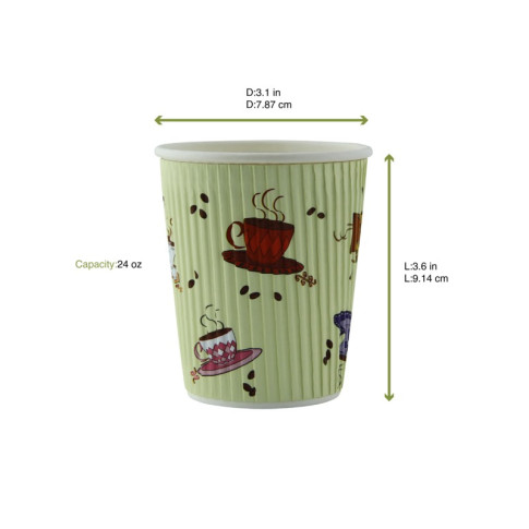 Gobelet en carton ondulé beige décor Tea Cup  H93,5mm 230ml