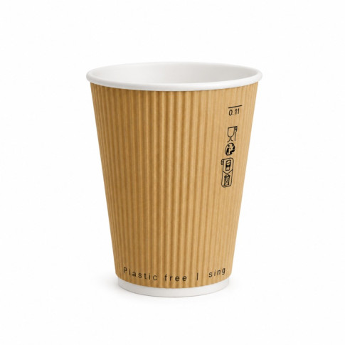 Gobelet Rippley en carton kraft ondulé beige à double paroi sans plastique, Waterbased  H110mm 350ml