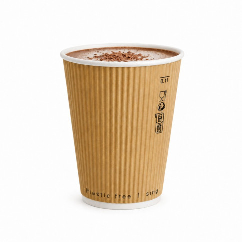 Gobelet Rippley en carton kraft ondulé beige à double paroi sans plastique, Waterbased  H110mm 350ml