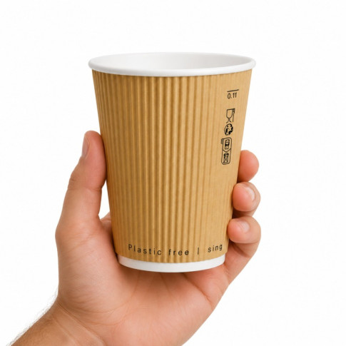 Gobelet Rippley en carton kraft ondulé beige à double paroi sans plastique, Waterbased  H110mm 350ml