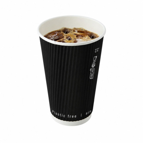 Gobelet Rippley en carton kraft ondulé noir à double paroi sans plastique, Waterbased  H110mm 350ml