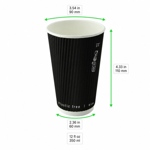 Gobelet Rippley en carton kraft ondulé noir à double paroi sans plastique, Waterbased  H110mm 350ml