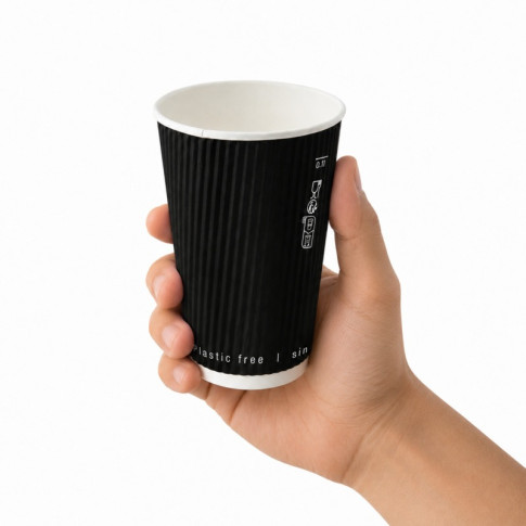 Gobelet Rippley en carton kraft ondulé noir à double paroi sans plastique, Waterbased  H110mm 350ml