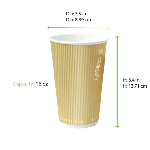 Gobelet Rippley en carton kraft ondulé beige à double paroi sans plastique, Waterbased  H136mm 460ml
