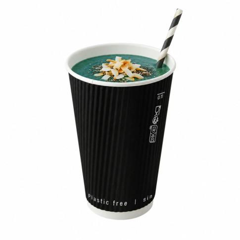 Gobelet Rippley en carton kraft ondulé noir à double paroi sans plastique, Waterbased  H136mm 460ml