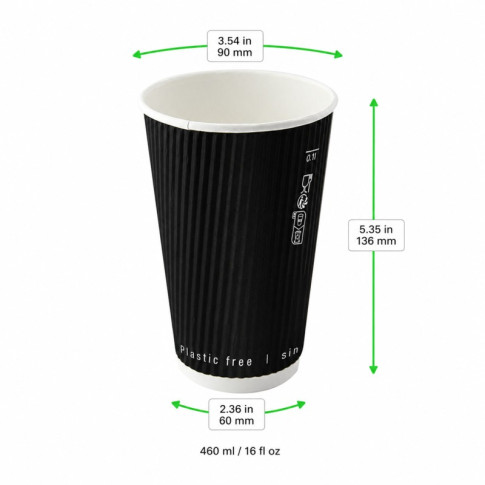 Gobelet Rippley en carton kraft ondulé noir à double paroi sans plastique, Waterbased  H136mm 460ml