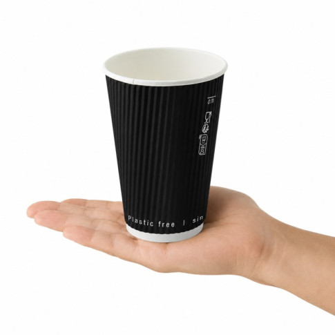 Gobelet Rippley en carton kraft ondulé noir à double paroi sans plastique, Waterbased  H136mm 460ml